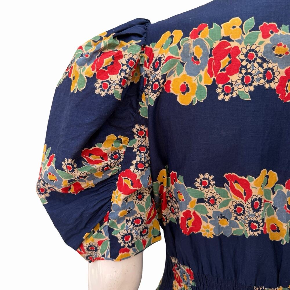 VTG 1940’s Extreme Puff Sleeve Maxi Dress Cotton Border Print Dagger Collar, L - Picture 13 of 14